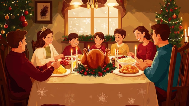 a cartoon illustration of a family eating food at a table with a christmas tree in the background