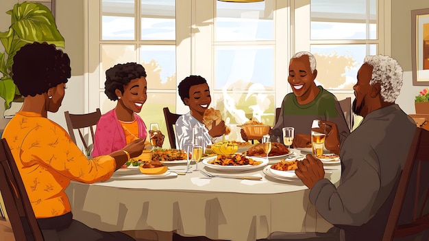 a cartoon illustration of a family eating a meal