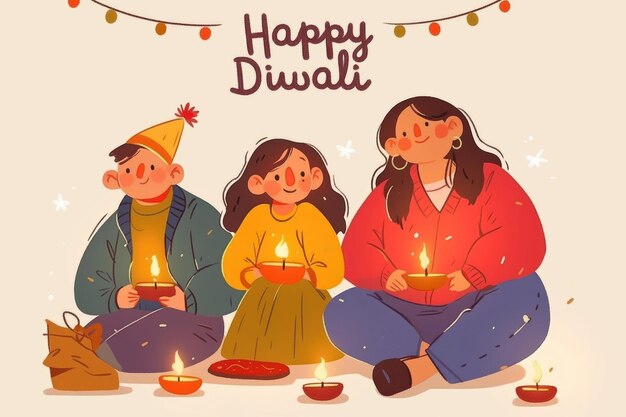 Photo cartoon illustration family and friends celebrate diwali festival of light