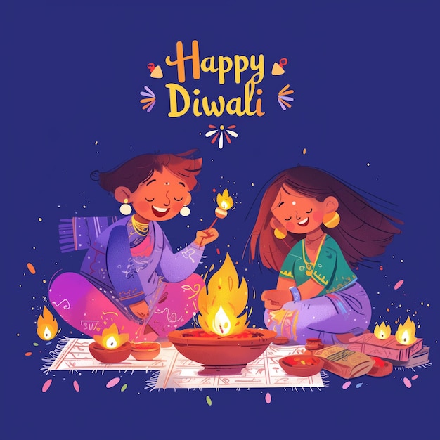 Photo cartoon illustration family and friends celebrate diwali festival of light