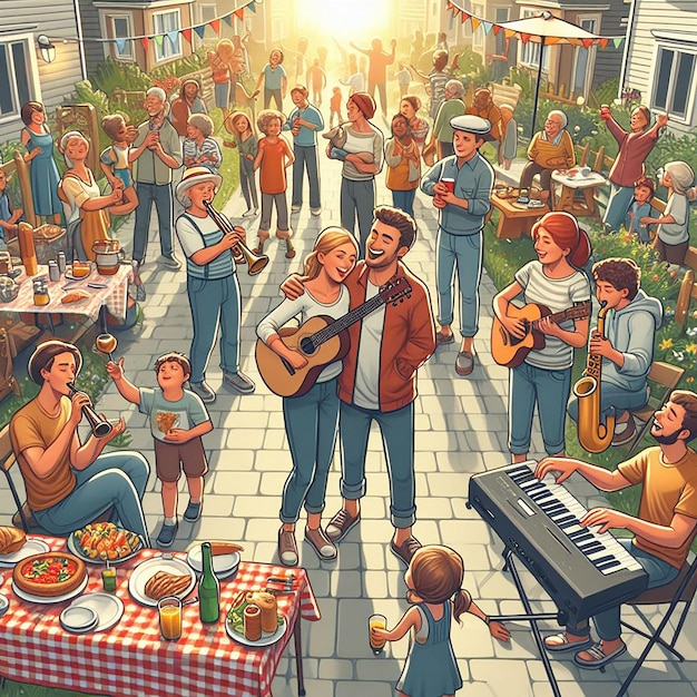 a cartoon illustration of a family playing music in a square with a man playing guitar and a woman p