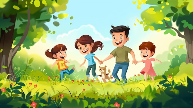 a cartoon illustration of a family with a dog and a dog