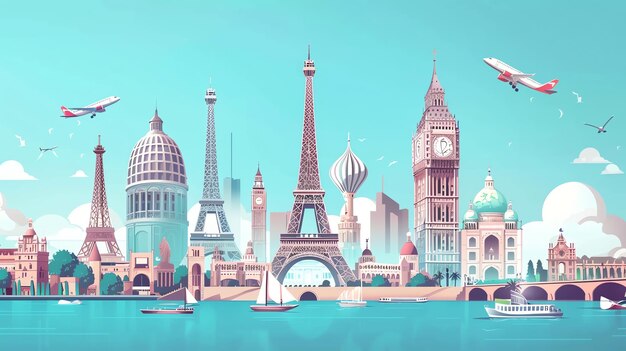 Photo cartoon illustration of famous landmarks from around the world