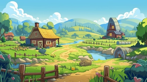 A cartoon illustration of a farm with a small village in the background.