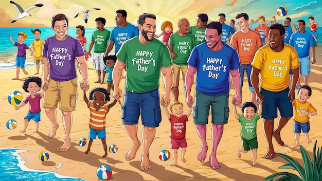 a cartoon illustration of a father and son holding hands and a little boy walking on the beach