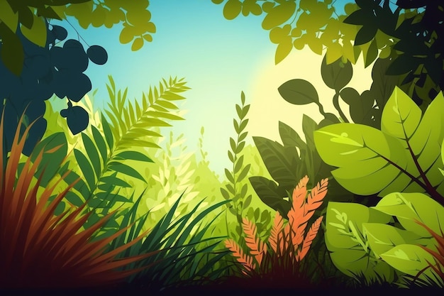 A cartoon illustration of a forest with a blue sky and sun shining through the leaves.