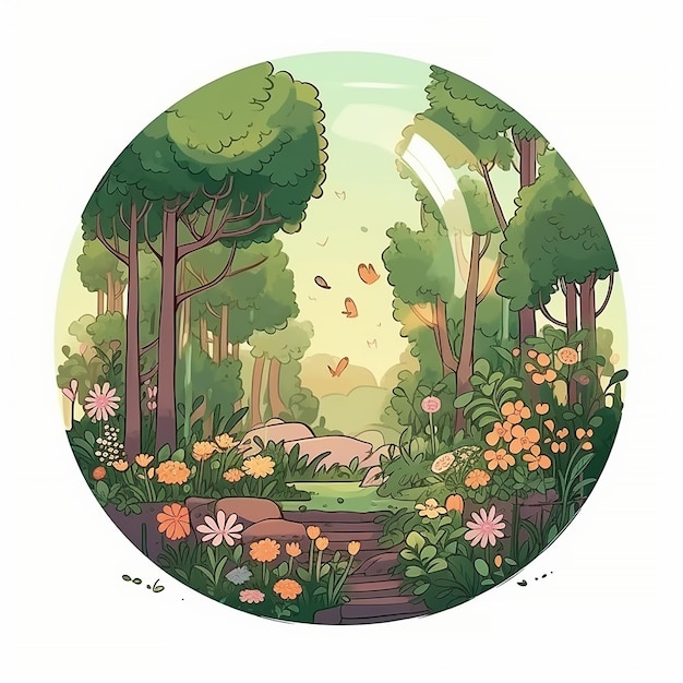 A cartoon illustration of a forest with a path and flowers.