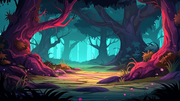 A cartoon illustration of a forest with a path through it generative ai