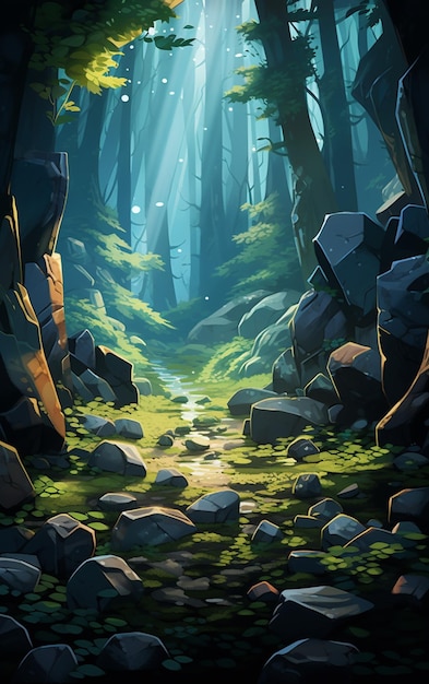 Cartoon illustration of a forest with rocks and trees generative ai