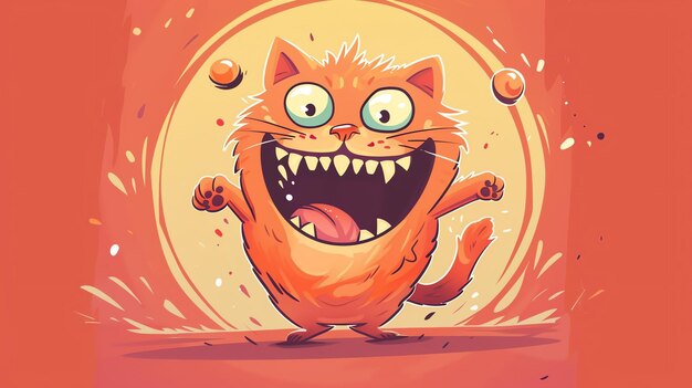 Photo a cartoon illustration of a funny looking cat with big eyes and a wide open mouth full of sharp teeth