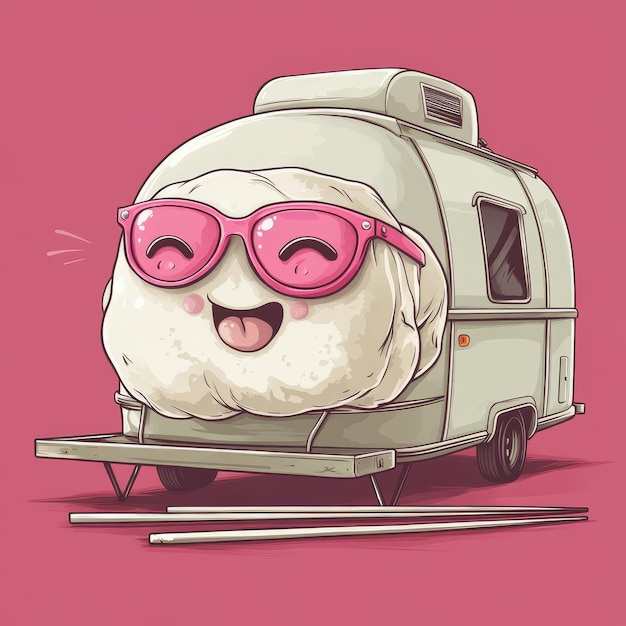 Photo cartoon illustration of a funny white meatball with sunglasses in a trailer