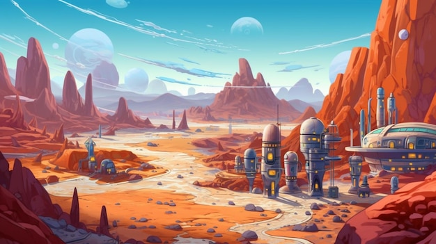 A cartoon illustration of a futuristic city in a desert generative ai