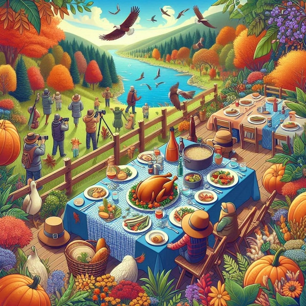 a cartoon illustration of a garden with a table with food on it