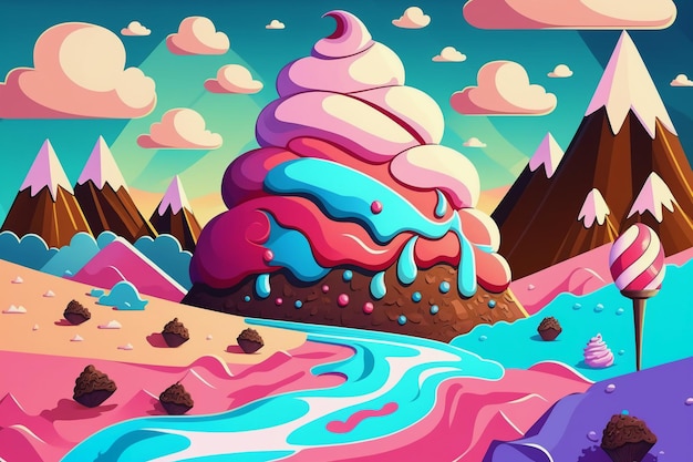 A cartoon illustration of a giant ice cream mountain with a mountain in the background.