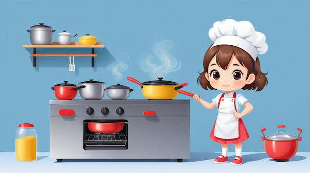 Photo a cartoon illustration of a girl cooking in a kitchen with pots and pans