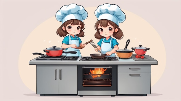 a cartoon illustration of a girl cooking in a kitchen with pots and pans