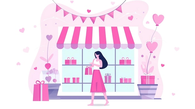 a cartoon illustration of a girl in front of a store with a banner that says quot shes a happy birt