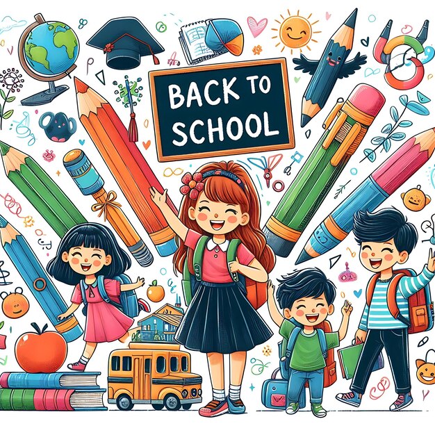 a cartoon illustration of a girl and her school supplies