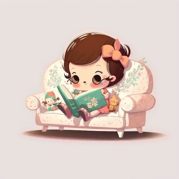 A cartoon illustration of a girl reading a book on a couch.