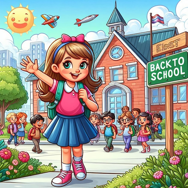 a cartoon illustration of a girl waving to school with a sign saying back to school