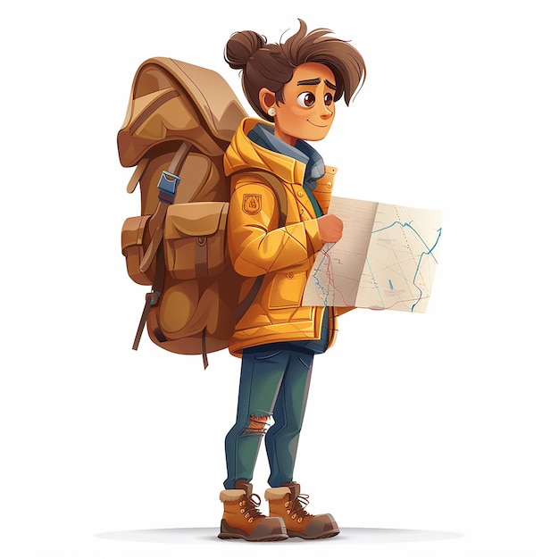 a cartoon illustration of a girl with a backpack and map