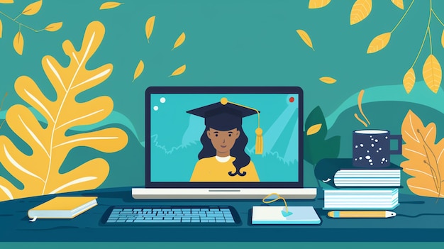 Photo a cartoon illustration of a graduation ceremony taking place over video call