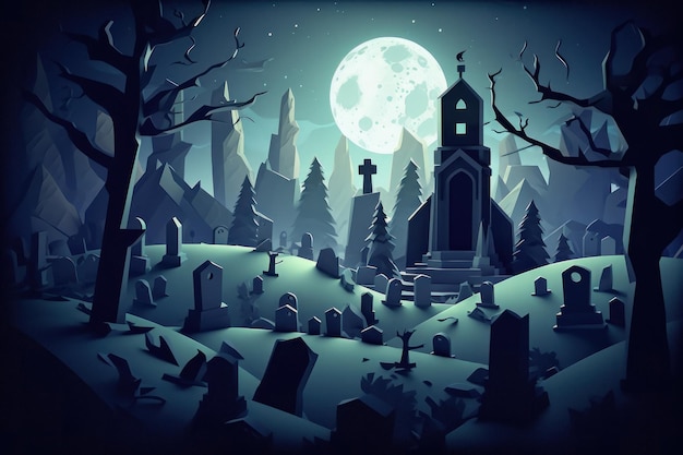 A cartoon illustration of a graveyard with a full moon in the background.