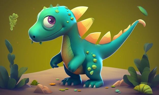 cartoon illustration of a green dinosaur standing in a field of grass generative ai