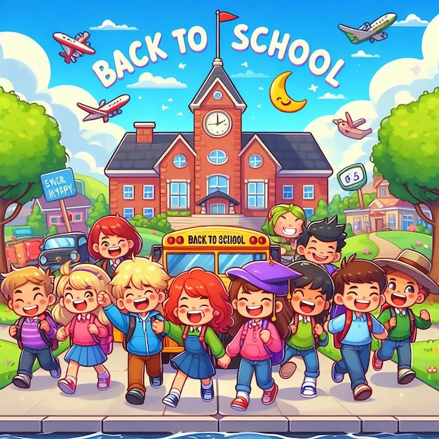 a cartoon illustration of a group of children with the words back to school