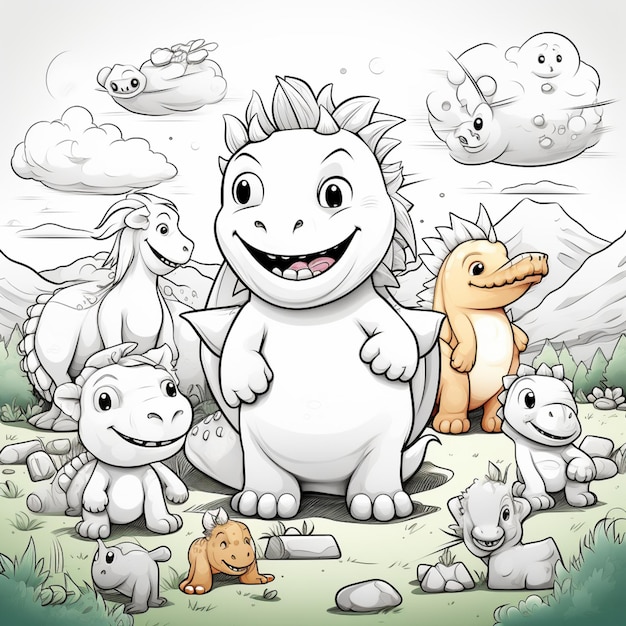 cartoon illustration of a group of dinosaurs standing in a field generative ai