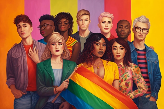 Cartoon illustration of group of LGBTQ people Generative AI