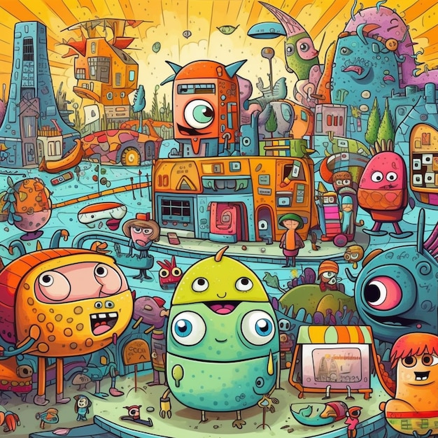 A cartoon illustration of a group of monsters in a city generative ai