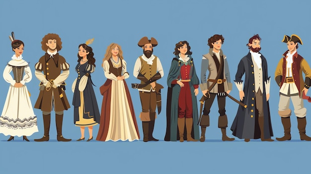 Photo a cartoon illustration of a group of people dressed in historical costumes from different eras