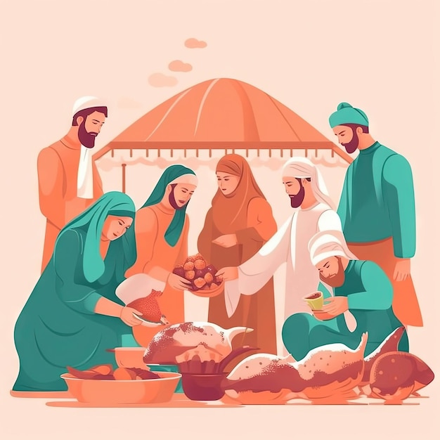 A cartoon illustration of a group of people eating food