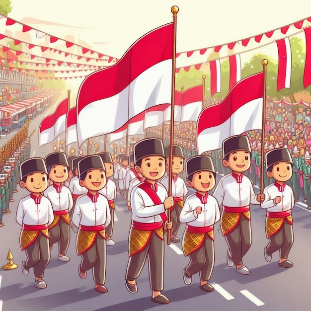 a cartoon illustration group of people from the Indonesian Independence parade procession