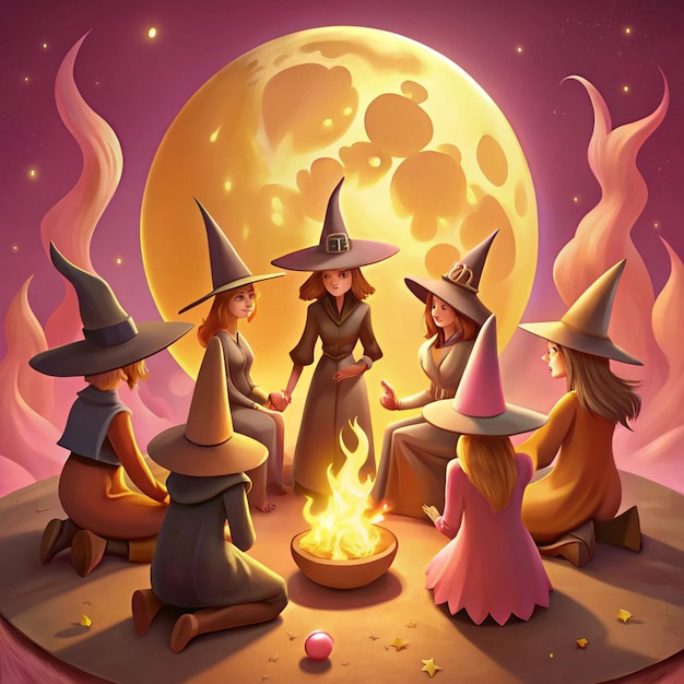 Photo a cartoon illustration of a group of people in hats with a purple moon in the background