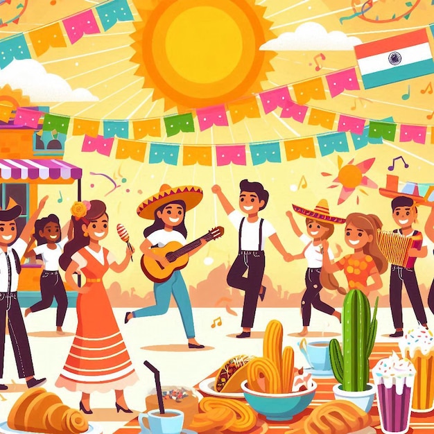 Photo a cartoon illustration of a group of people playing music and dancing