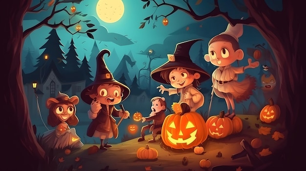 A cartoon illustration of a halloween scene with a pumpkin and a witch.