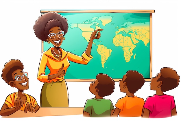 Cartoon illustration of a happy African female teacher next to the blackboard in a classroom