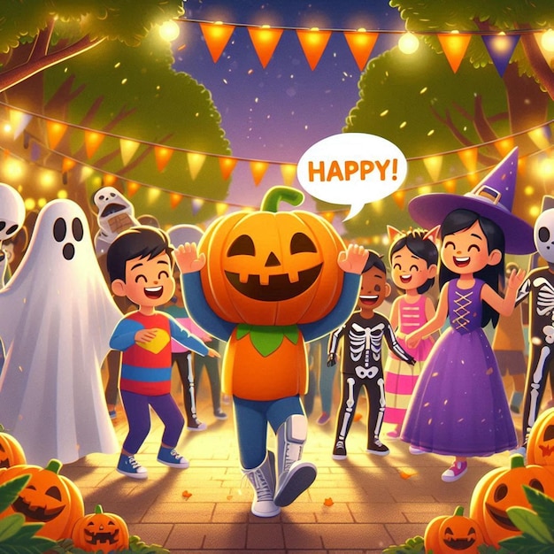 Photo a cartoon illustration of a happy halloween with a pumpkin on it