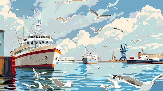 A cartoon illustration of a harbor scene with boats and seagulls