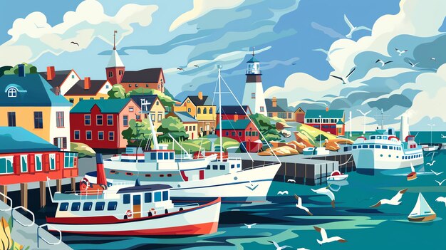 Photo a cartoon illustration of a harbor town with boats and a lighthouse