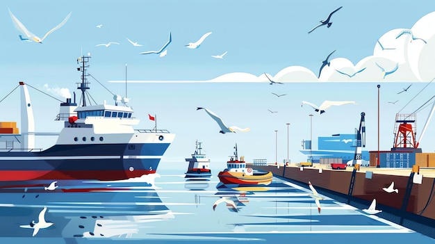 A cartoon illustration of a harbor with ships boats and seagulls