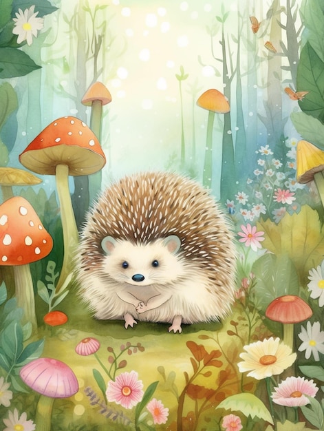 A cartoon illustration of a hedgehog in a forest with mushrooms