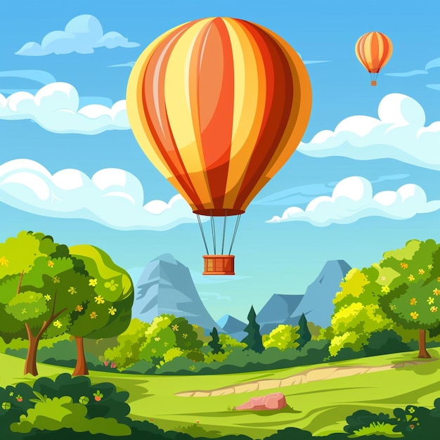 Photo cartoon illustration of a hot air balloon flying over a green valley generative ai