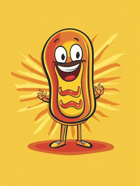 A cartoon illustration of a hot dog with a yellow background