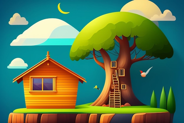 A cartoon illustration of a house and a tree with a house and birds flying around it.