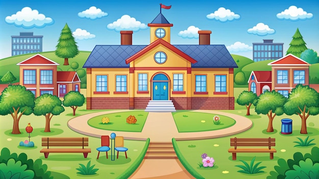 a cartoon illustration of a house with a bench and a bench