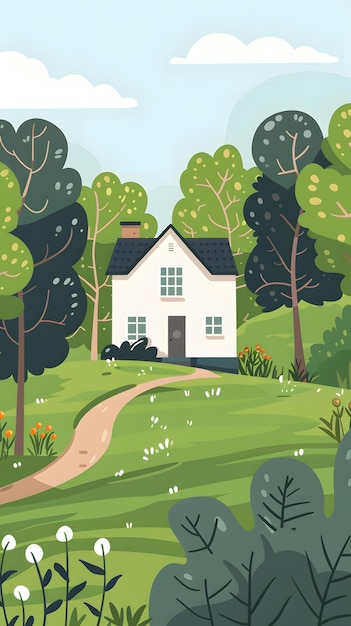 Photo cartoon illustration of a house with green grass and trees