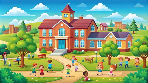 a cartoon illustration of a house with kids playing in front of it